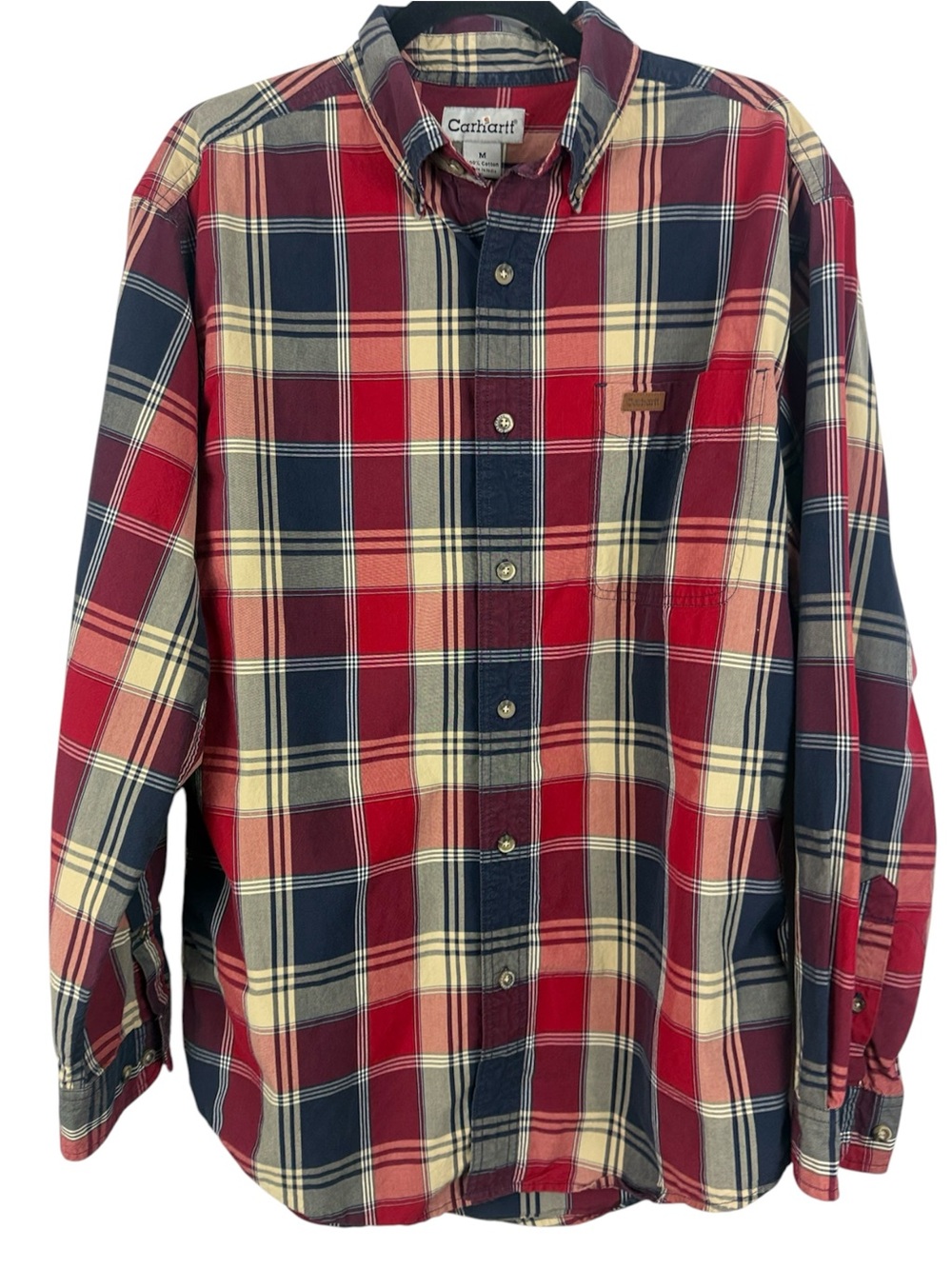 Carhartt Cotton Plaid Button Down Long Sleeve Shirt Red Blue Cream Men's Medium